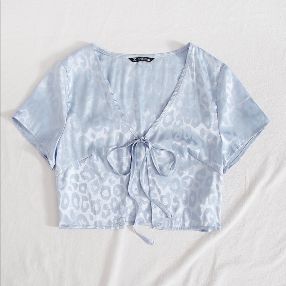 Leopard print tie front satin top
